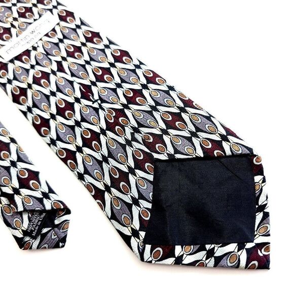 Martin Wong Red Silver Tan Print Short Wide Silk Tie - Picture 5 of 6